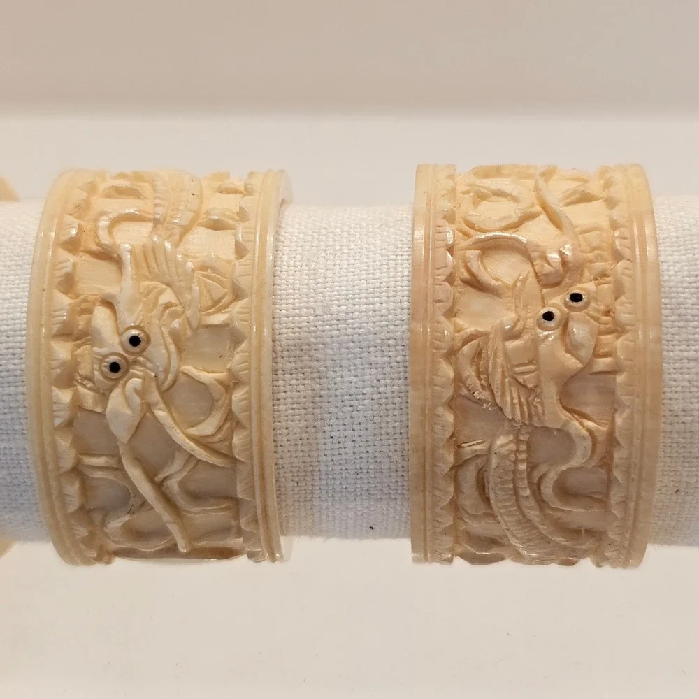 Vintage Hand Carved Dragon Bone Napkin Rings Set of 4 Hong Kong Cream Ivory